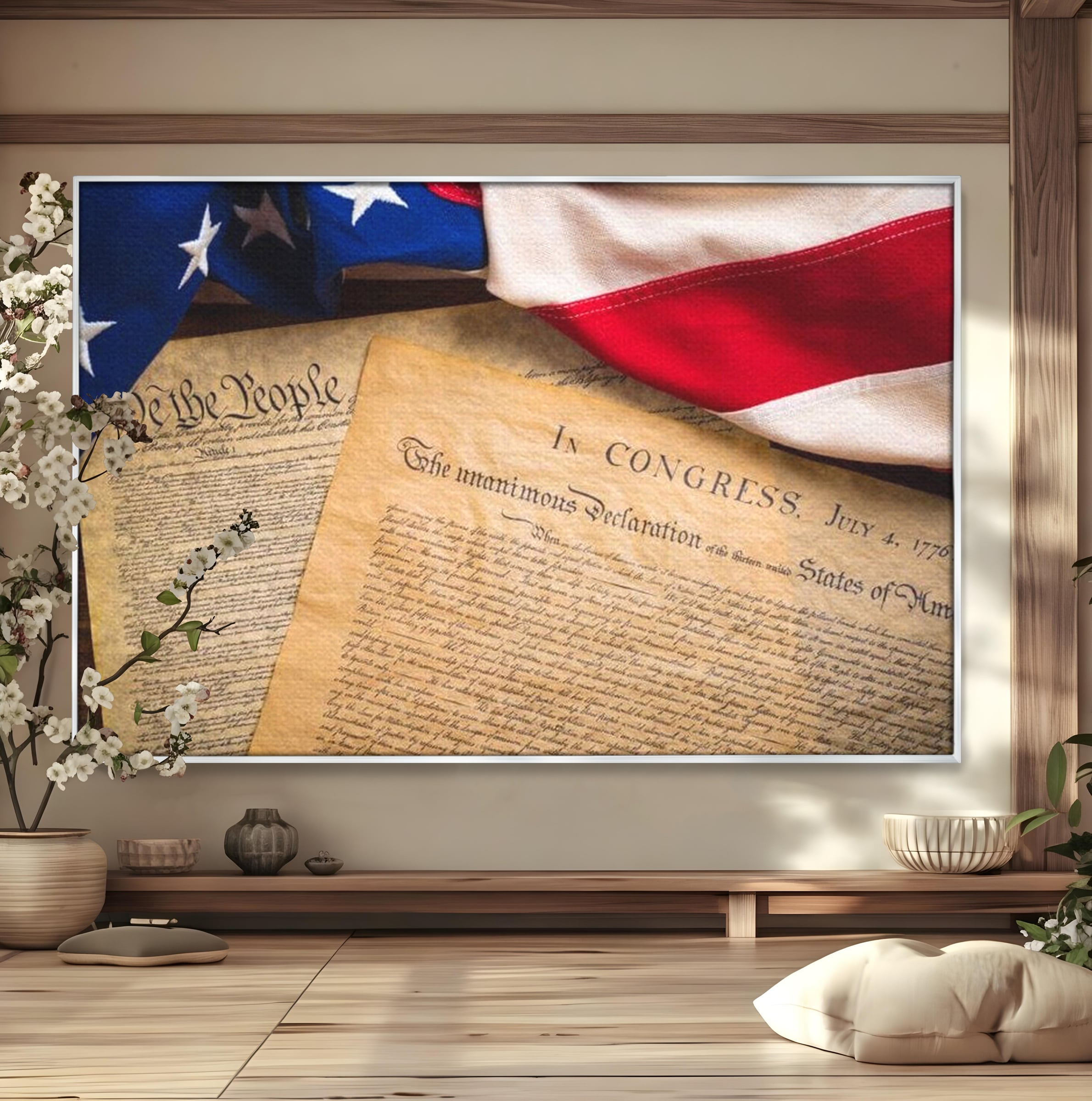 Tablou canvas cu tablou canvas cu steag si documente istorice, in rama de aluminiu argintiu